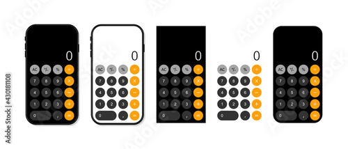 Calculator in mobile phone. App for calculate with interface in smartphone. Number on calculator. Software with ui on cellphone screen. Design mockup with keyboard. Smart app. Vector