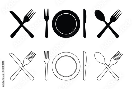 Plate, fork, knife, spoon. Cutlery icons for dinner. Set of silverware for lunch, breakfast. Food and eat symbol. Utensil for kitchen, dining at home. Logo of banquet, cafeteria, gastronomy. Vector