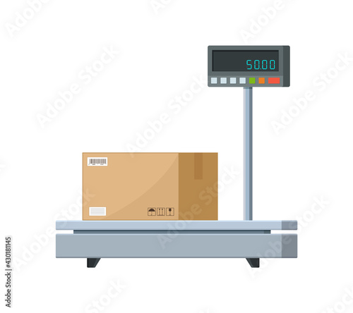 Electronic weight scale for cargo. Industrial scale for parcel box. Balance machine for weigh of box. Weight platform equipment for package with goods, shipping, warehouse. Service of measure. Vector