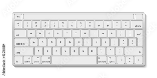 Keyboard of computer. White aluminum key board with button. Keyboard with black alphabet for laptop and pc isolated on white background. Modern realistic wireless device for desktop. Vector