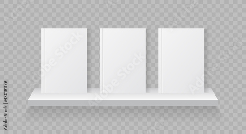 Books on bookshelf. White mockup of book with cover. Shelf for magazine and library. Blank mock up of realistic books on showcase for store, home and office. Three brochure on rack in row. Vector