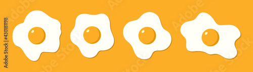 Fried egg. Cook chicken egg. Fried yolk with protein for breakfast. Cartoon icon for healthy food. Omelette on orange background. Logo for cooking, recipe, health nutrition. Delicious lunch. Vector