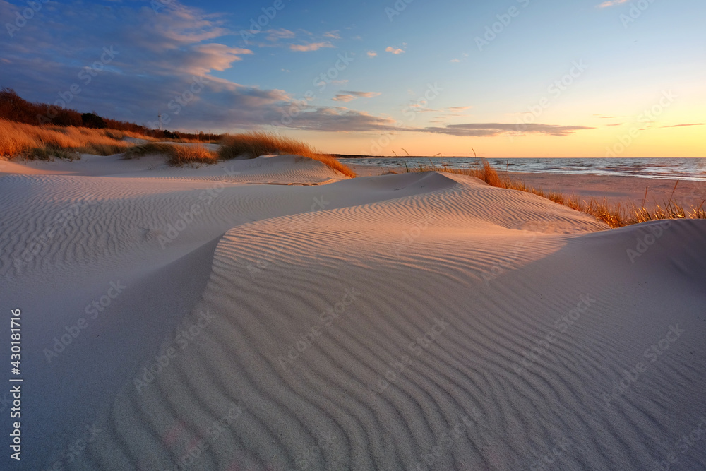 Fototapeta premium Wydmy na wybrzeżu Morza Bałtyckiego, plaża w Kołobrzegu, Polska.