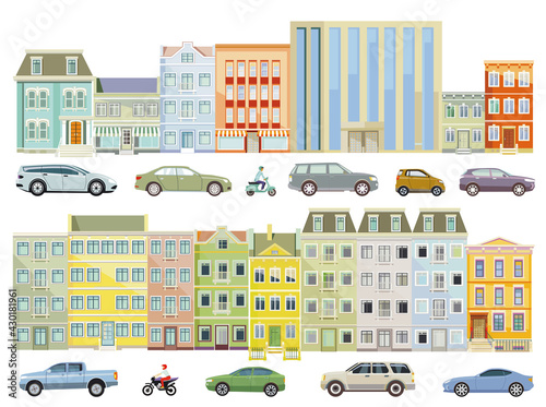 Häuser in der Stadt mit Autos auf der Straße, illustration isolated