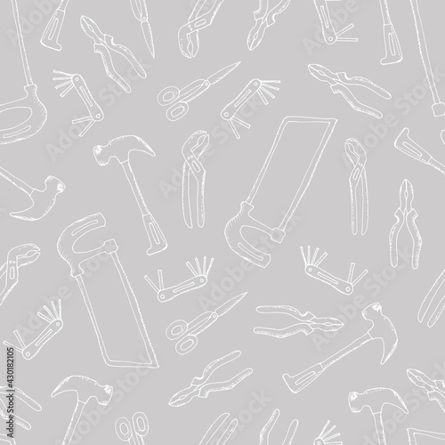 seamless pattern with construction tools. Vector illustration. Drawn by hand in a doodle style. Cartoon. Modern texture for your design can be used as wrapping paper, fabric, wallpaper.