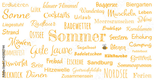 Sommer Textwolke Wortwolke mit gute Laune Wörtern, Konzept Erinnerungen und Emotionen wecken