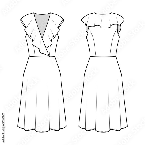 Fashion technical drawing of dress with flounce