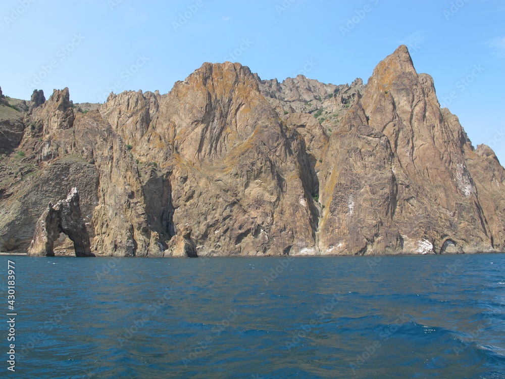 Picturesque rocks of the extinct volcano Karadag on the Black Sea coast, Crimea