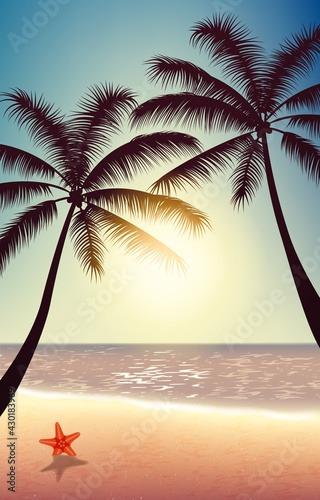 Summer background with beach and silhouettes of palm trees, evening coast, sand, sky and sun.