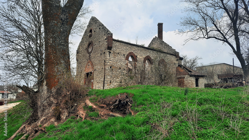 Old stone church, destroyed. Remains of a church on a hill