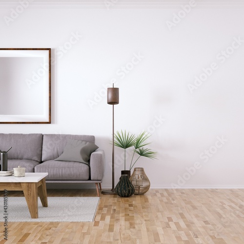 Scandinavian design mid-century interior with Cozy Couch, Wooden Floors and House Plants. Empty Frame Mockup, Art and Print Mockup.