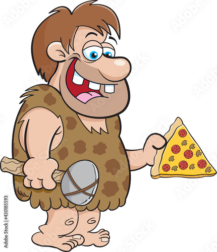 Cartoon illustration of a caveman holding a large slice of pizza.