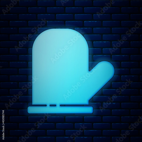 Glowing neon Oven glove icon isolated on brick wall background. Kitchen potholder sign. Cooking glove. Vector