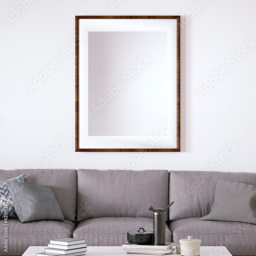Scandinavian design mid-century interior with Cozy Couch, Wooden Floors and House Plants. Empty Frame Mockup, Art and Print Mockup.