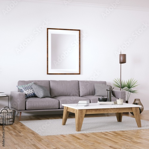Scandinavian design mid-century interior with Cozy Couch, Wooden Floors and House Plants. Empty Frame Mockup, Art and Print Mockup.