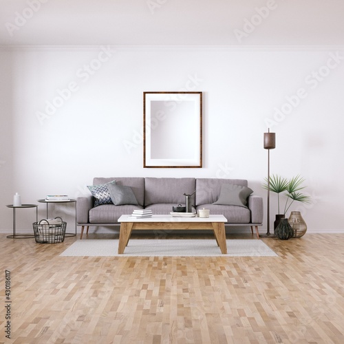 Scandinavian design mid-century interior with Cozy Couch, Wooden Floors and House Plants. Empty Frame Mockup, Art and Print Mockup.