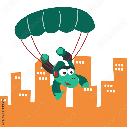 Vector cartoon illustration of skydiving with litlle dinosaur with cartoon style. Creative vector childish background for fabric textile, nursery wallpaper, poster, card, brochure. vector illustration