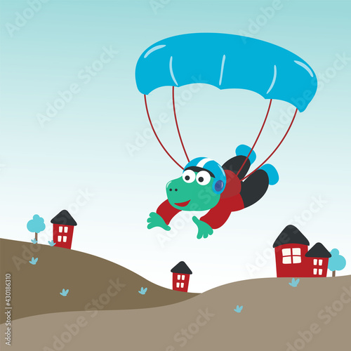 Vector cartoon illustration of skydiving with litlle dinosaur with cartoon style. Creative vector childish background for fabric textile, nursery wallpaper, poster, card, brochure. vector illustration