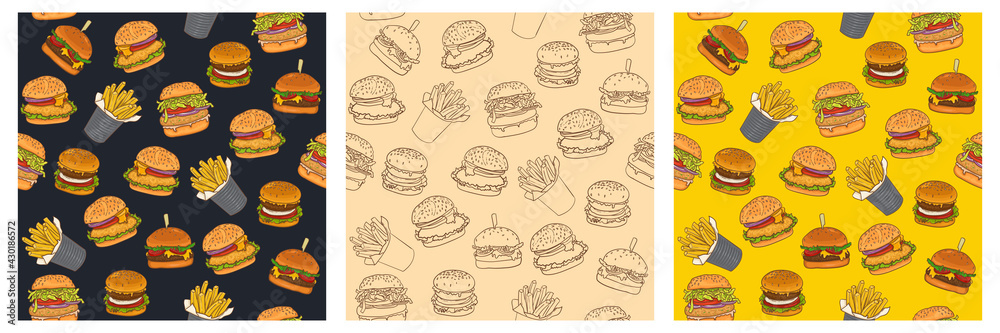 Burger and fries seamless food pattern in retro vintage style set