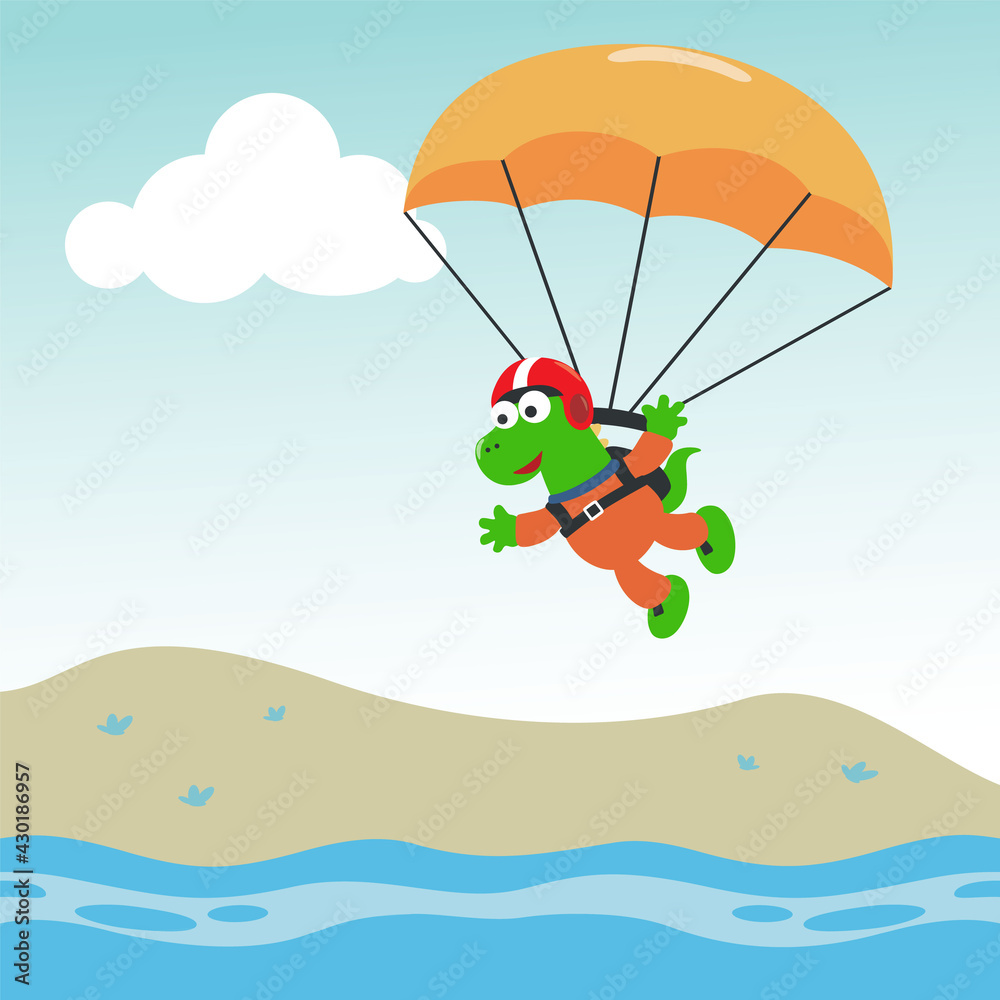 Obraz premium Vector cartoon illustration of skydiving with litlle dinosaur with cartoon style. Creative vector childish background for fabric textile, nursery wallpaper, poster, card, brochure. vector illustration