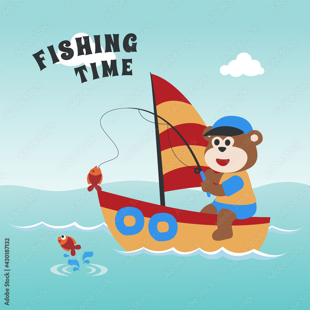 Obraz Vector cartoon illustration of cute monkey fishing on sailboat with cartoon style. Can be used for t-shirt print, kids wear fashion design, fabric textile, nursery wallpaper and poster.