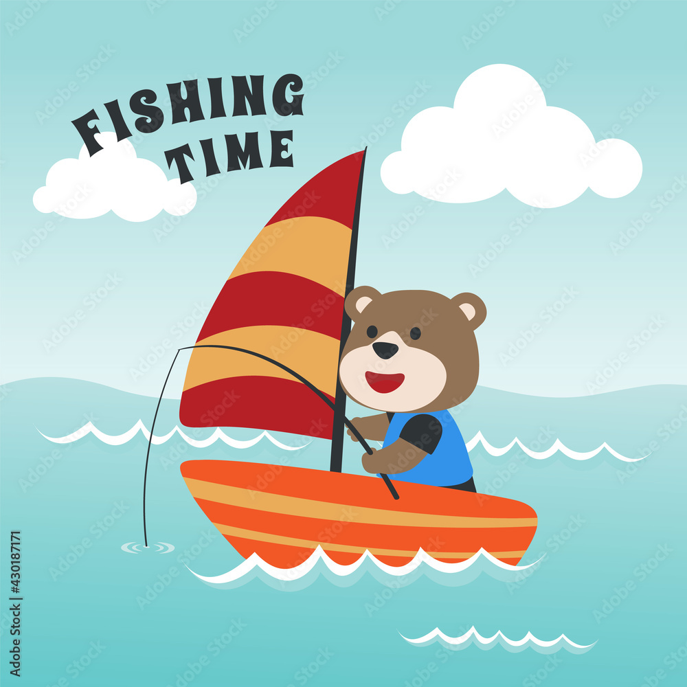 Fototapeta premium Vector cartoon illustration of cute bear fishing on sailboat with cartoon style. Can be used for t-shirt print, kids wear fashion design, fabric textile, nursery wallpaper and poster.