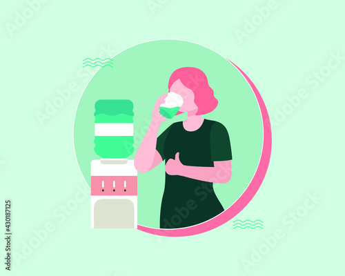 Women drinking water from dispenser machine. Hot and cold water. Dehydrated healthy lifestyle flat icon illustration.