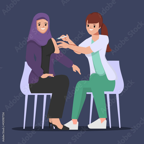 Arab muslim people get vaccines with doctor to protect from viruses.