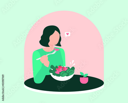 Diet women eating bowl of salad and healthy food, fruit and vegetables on the table. Vector illustration