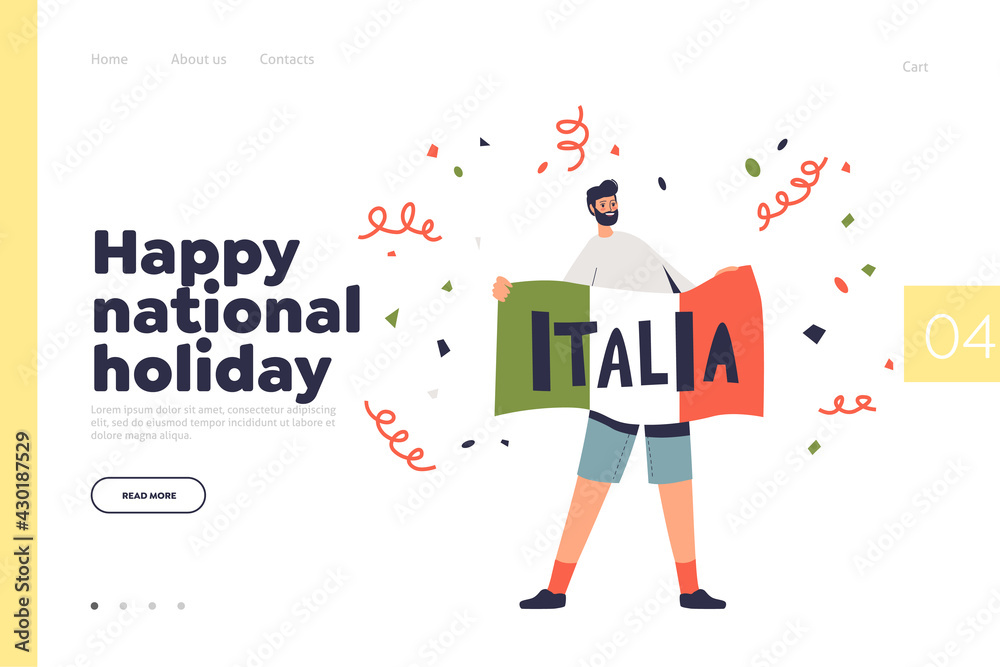 Obraz premium Italy, happy national holiday concept of landing page with man holding italian flag