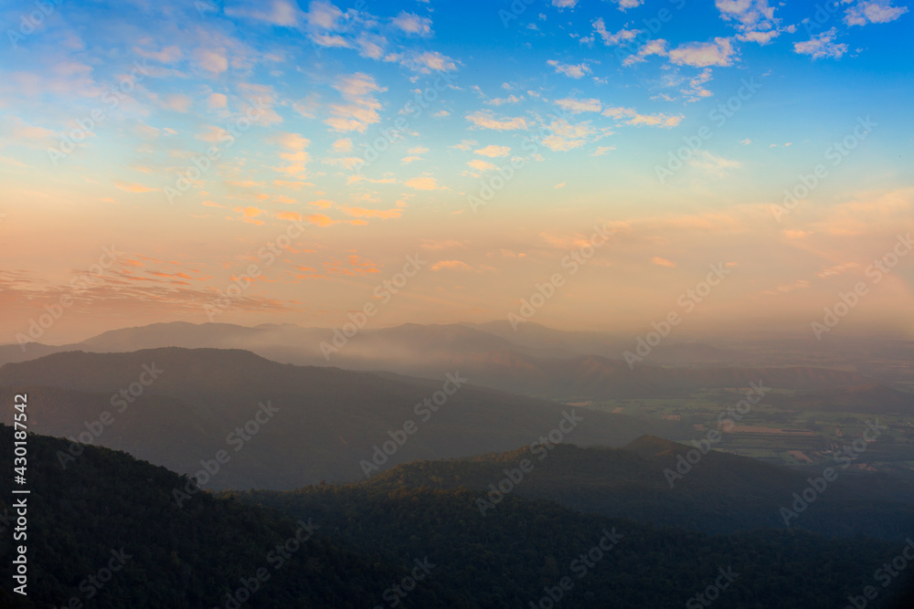 Beautiful mountains and sky in the morning,Mountains under mist in the morning Amazing nature scenery form Kerala God's own Country Tourism and travel concept image, Fresh and relax type nature image