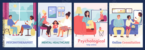 Psychological consultation and mental health banners, flat vector illustration.