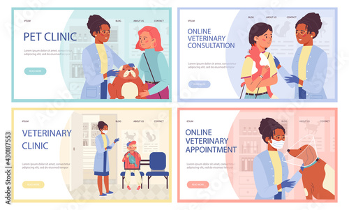 Online veterinary services and pet clinic banners, flat vector illustration.