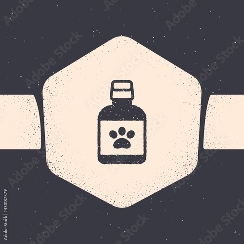 Grunge Dog medicine bottle icon isolated on grey background. Container with pills. Prescription medicine for animal. Monochrome vintage drawing. Vector