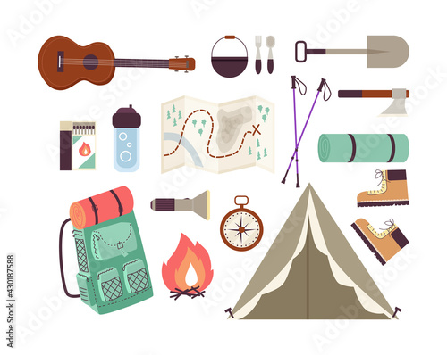Set icons or symbols of tourism and camping, flat vector illustration isolated.