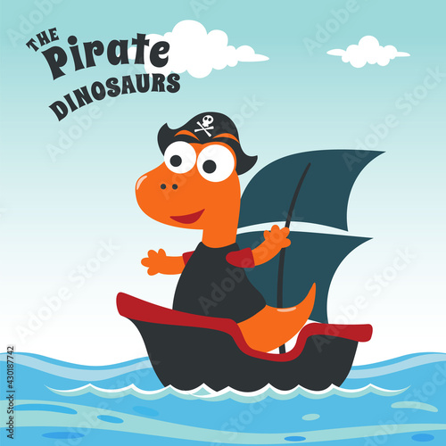 Vector illustration of dinosaur pirate on a ship at the sea with cartoon style. Creative vector childish background for fabric  textile  nursery wallpaper  poster  card  brochure. vector illustration.