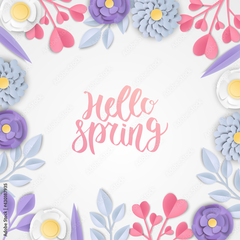 Background of paper flowers. Graphic design for spring season. paper cut and craft style. vector, illustration.