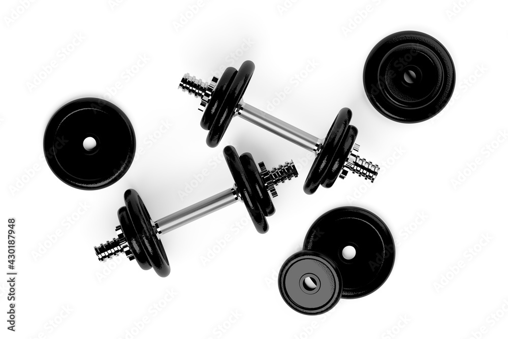 Fototapeta premium Two fitness gym dumbbells with chrome handle and black plates over white background flat lay top view from above, muscle exercise, bodybuilding or fitness concept