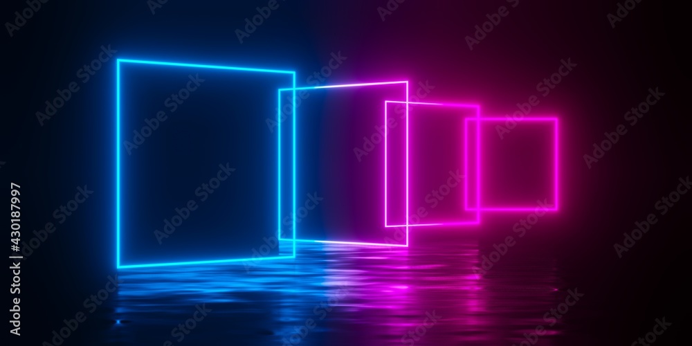 Multiple modern futuristic abstract blue, red and pink neon glowing light squares frames offset in dark room background with reflective floor