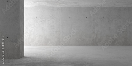 Abstract empty, modern concrete room with indirect lighting from left side walls - industrial interior background template, 3D illustration