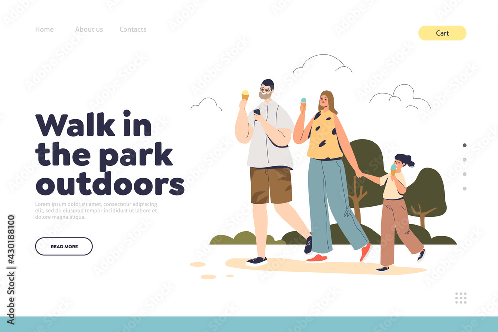 Walk in park outdoors concept of landing page with happy family eating ice cream together