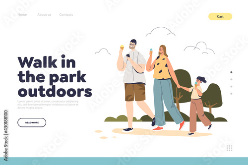 Walk in park outdoors concept of landing page with happy family eating ice cream together