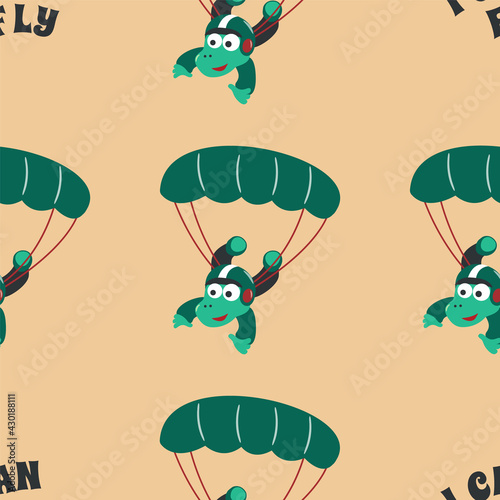 Seamless pattern with skydiving with litlle dinosaur, Childish design concept for kids textile print, nursery wallpaper, wrapping paper. Cute funny background.
