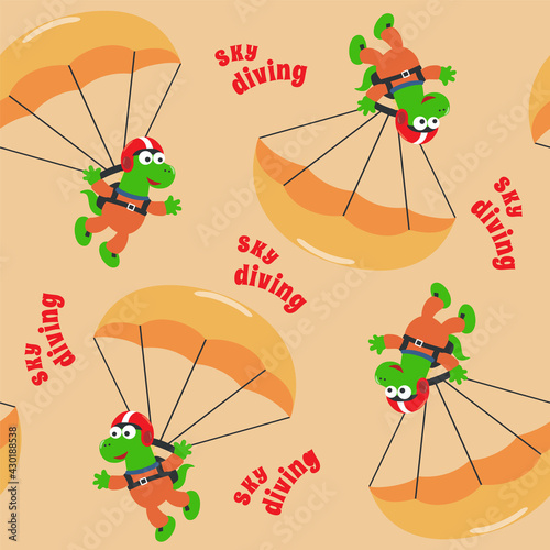 Seamless pattern with skydiving with litlle dinosaur, Childish design concept for kids textile print, nursery wallpaper, wrapping paper. Cute funny background.
