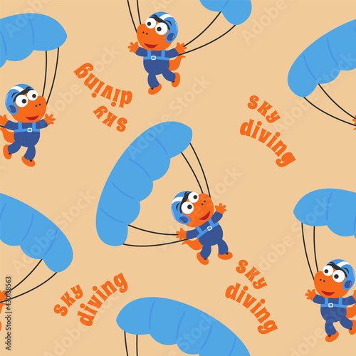 Seamless pattern with skydiving with litlle dinosaur, Childish design concept for kids textile print, nursery wallpaper, wrapping paper. Cute funny background.