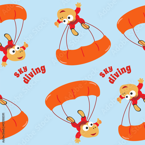 Seamless pattern with skydiving with litlle dinosaur, Childish design concept for kids textile print, nursery wallpaper, wrapping paper. Cute funny background.