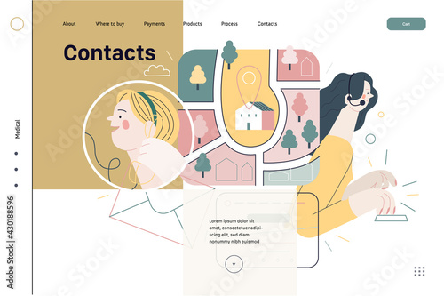 Medical insurance template - clinic contacts. Modern flat vector
