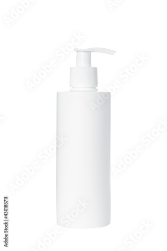 empty white plastic pump bottle for cosmetics on white background. Isolated and mockup