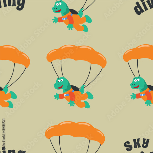 Seamless pattern with skydiving with litlle dinosaur, Childish design concept for kids textile print, nursery wallpaper, wrapping paper. Cute funny background.