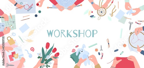 Creative workshop advertising banner or poster flat vector illustration.